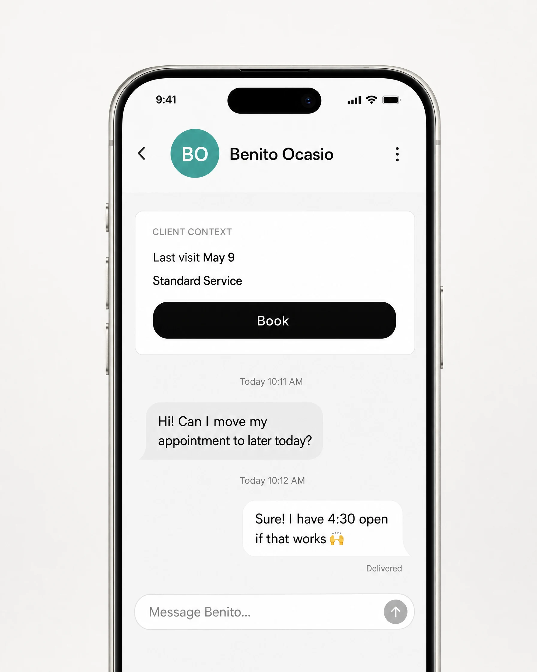 Marlo’s business inbox with the client conversation and appointment together